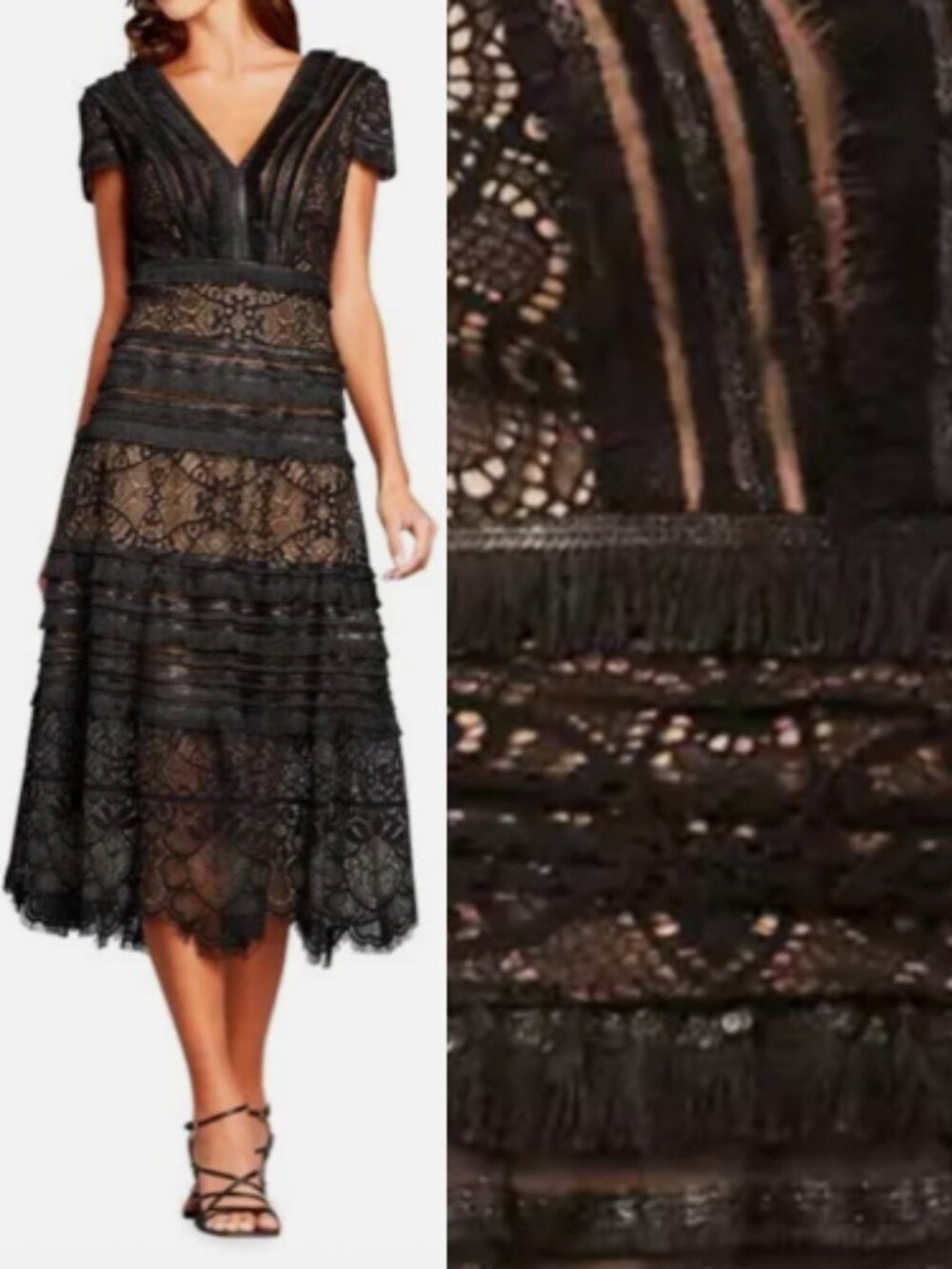 NWT Tadashi Shoji Lace Fringe Orinda Midi Dress Black size 4